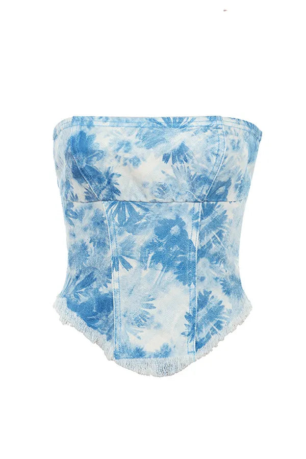 Mistress Rocks Blue Floral Print Strapless Denim Top - SALE