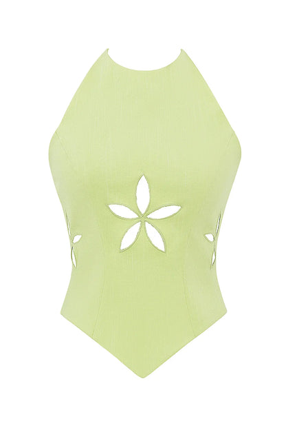 Mistress Rocks Matcha Open Back Floral Cutout Top - SALE