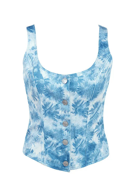 Mistress Rocks Blue Floral Print Denim Top - SALE