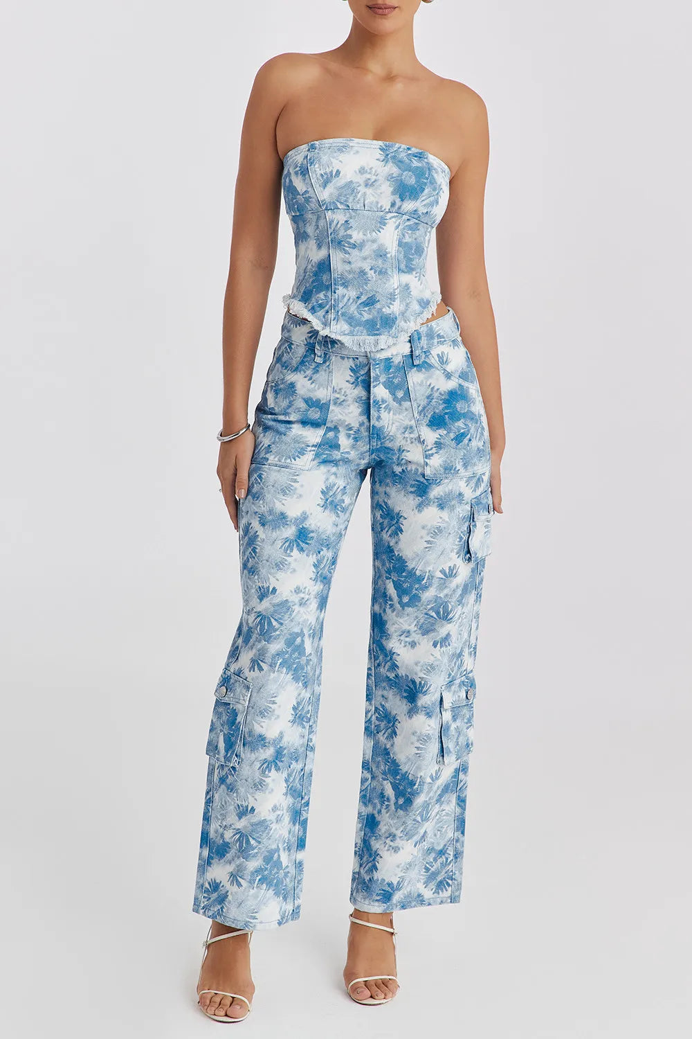 Mistress Rocks Blue Floral Print Strapless Denim Top - SALE