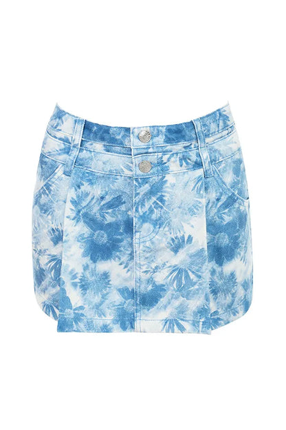 Mistress Rocks Blue Floral Print Denim Mini Skirt - SALE