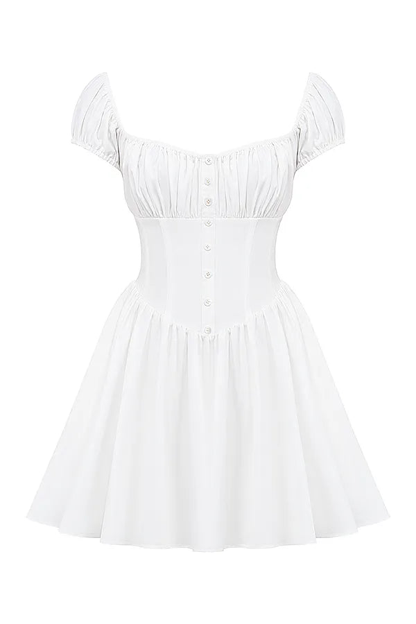 Nala White Cotton Gathered Mini Dress