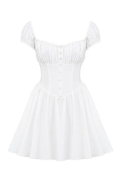 Nala White Cotton Gathered Mini Dress