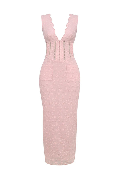 Sophina Perfectly Pink Broderie Anglais Plunge Maxi Dress