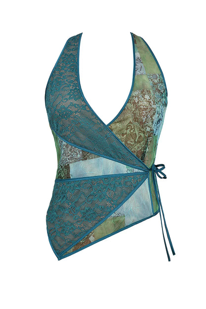 Mistress Rocks Ocean Teal Print Wrap Halter Top - SALE
