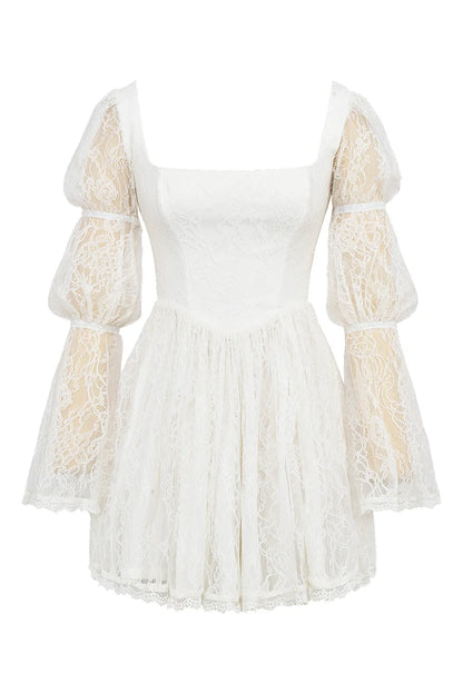 Sancia White Lace Puff Sleeve Mini Dress