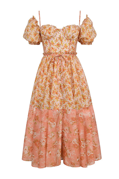 Penelope Peach Poppy Print Puff Sleeve Midi Sundress