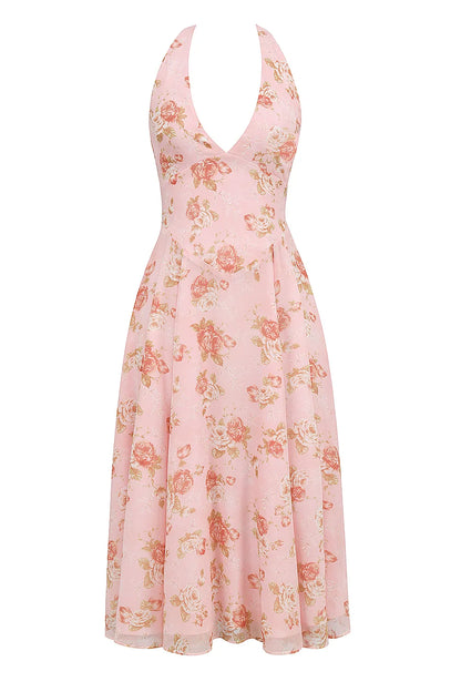 Solada English Vintage Rose Print Georgette Halter Sundress
