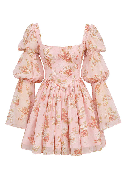 Sancia English Vintage Rose Print Puff Sleeve Mini Dress