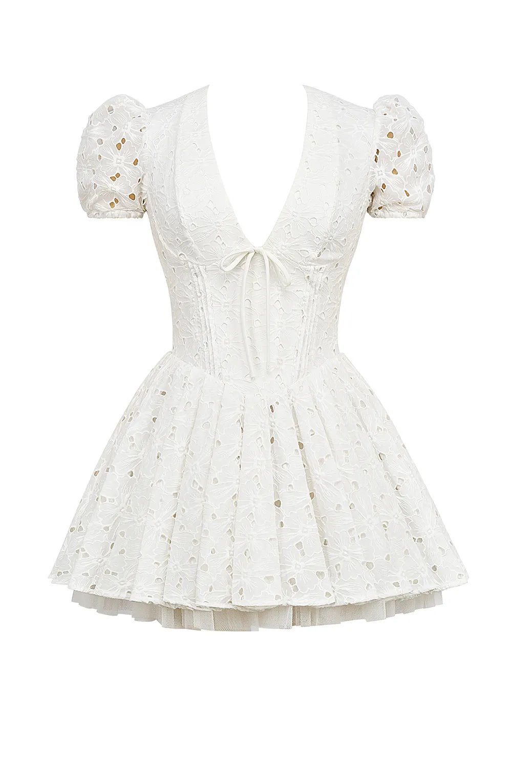 Imani White Pleated Broderie Anglais Mini Dress