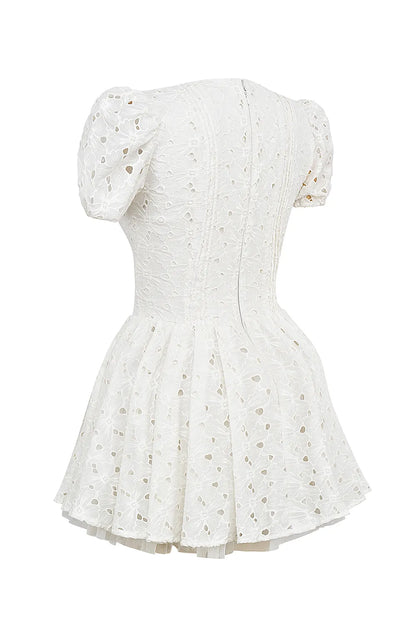 Imani White Pleated Broderie Anglais Mini Dress