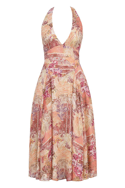 Solada Paisley Patchwork Print Georgette Halter Sundress