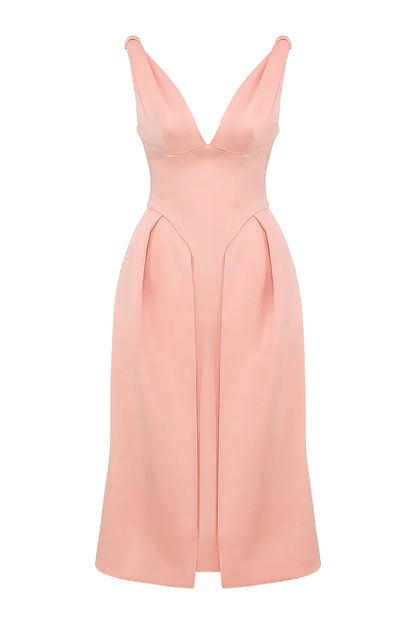 Paloma Peach Satin Pleated Midi Dress