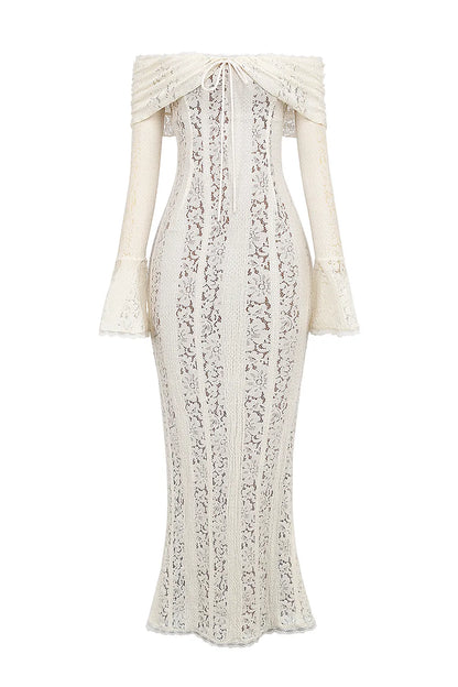 Belle Vintage Cream Floral Lace Off Shoulder Maxi Dress