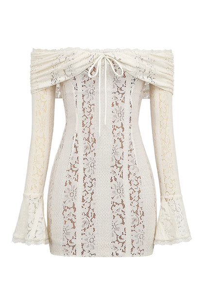 Sadie Vintage Cream Floral Lace Off Shoulder Mini Dress