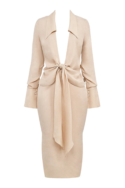 Nevaeh Almond Plunge Shirt Midi Dress