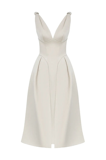 Paloma Vintage Cream Satin Pleated Midi Dress