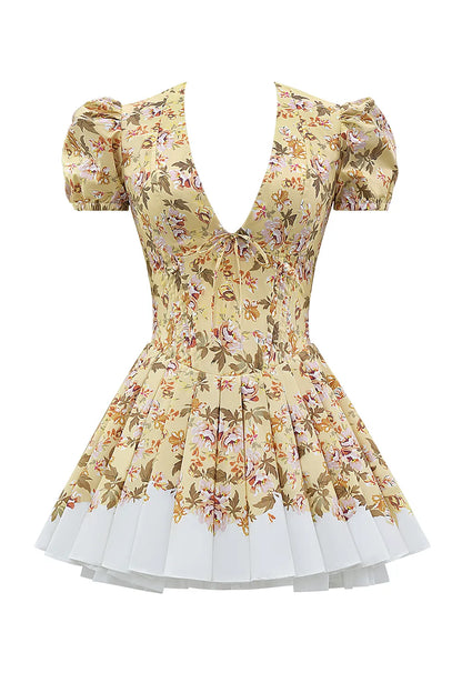 Imani Honeyflower Print Pleated Cotton Mini Dress