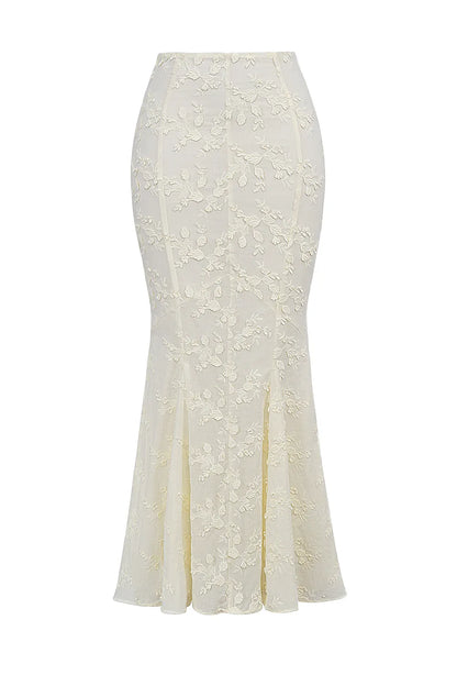 Veronica Vintage Ivory Embroidered Godet Maxi Skirt
