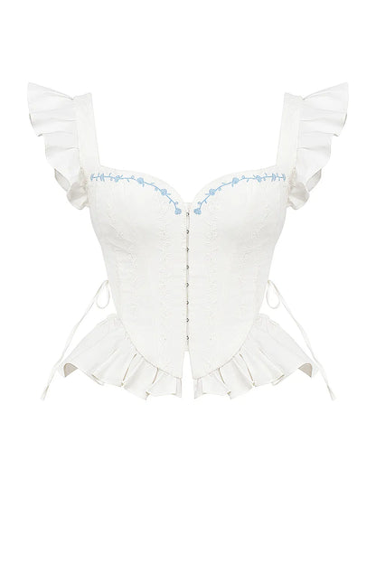Lilibet White Embroidered Cotton Peplum Corset Top