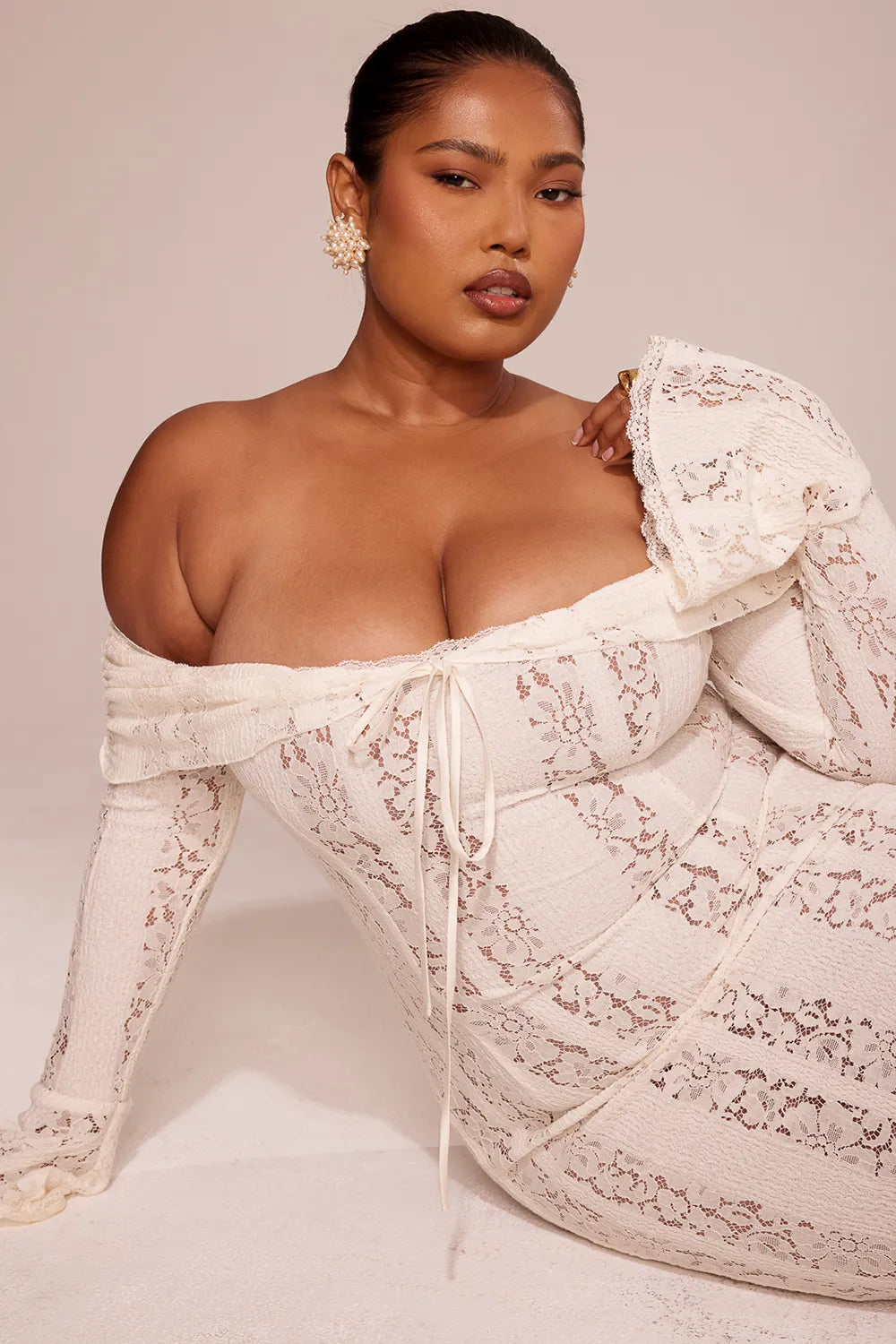 Belle Vintage Cream Floral Lace Off Shoulder Maxi Dress
