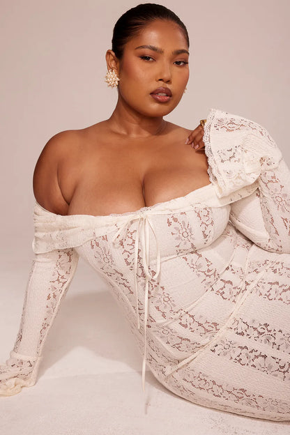 Belle Vintage Cream Floral Lace Off Shoulder Maxi Dress
