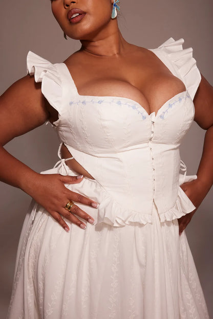 Lilibet White Embroidered Cotton Peplum Corset Top