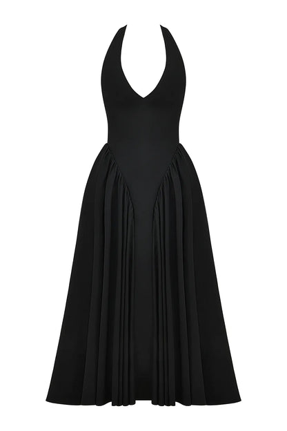 Marilyn Black Twill Halter Midi Dress