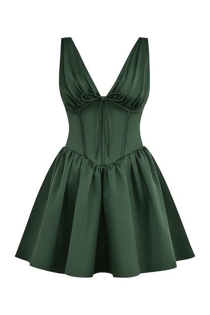 Emmeliette Forest Green Satin Mini Dress