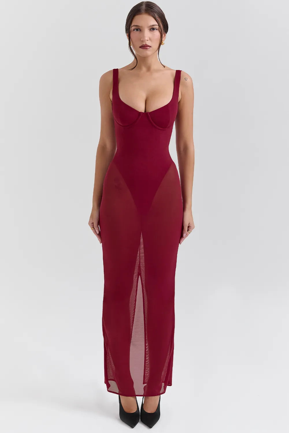 Robina Wine Stretch Mesh Maxi Dress