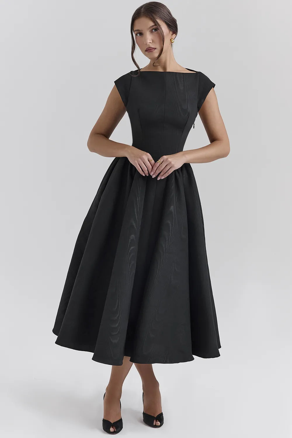 Debutante Black Moire Satin Backless Midi Dress