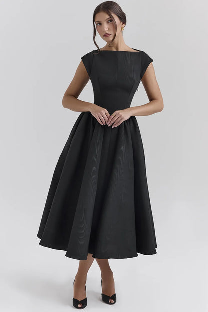 Debutante Black Moire Satin Backless Midi Dress