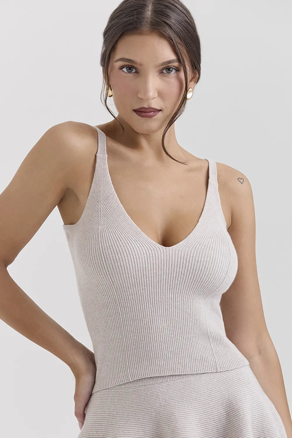 Fern Biscuit Wool Cashmere Ribbed Flounce Mini Skirt