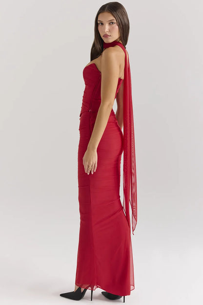 Hallie Holly Red Strapless Corset Top with Detachable Neck Scarf
