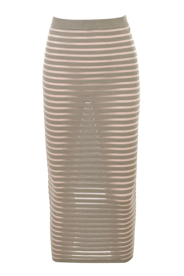 Margo Grey Velour Sheer Striped Midi Skirt