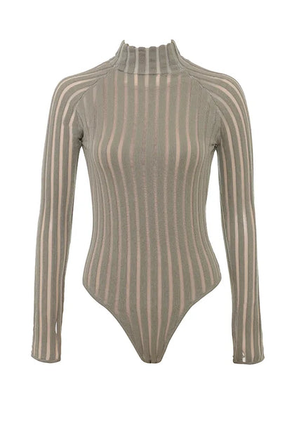 Rowena Grey Velour Sheer Striped Bodysuit