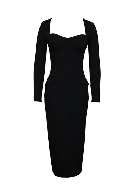 Ella Black Stretch Crepe Long Sleeve Midi Dress