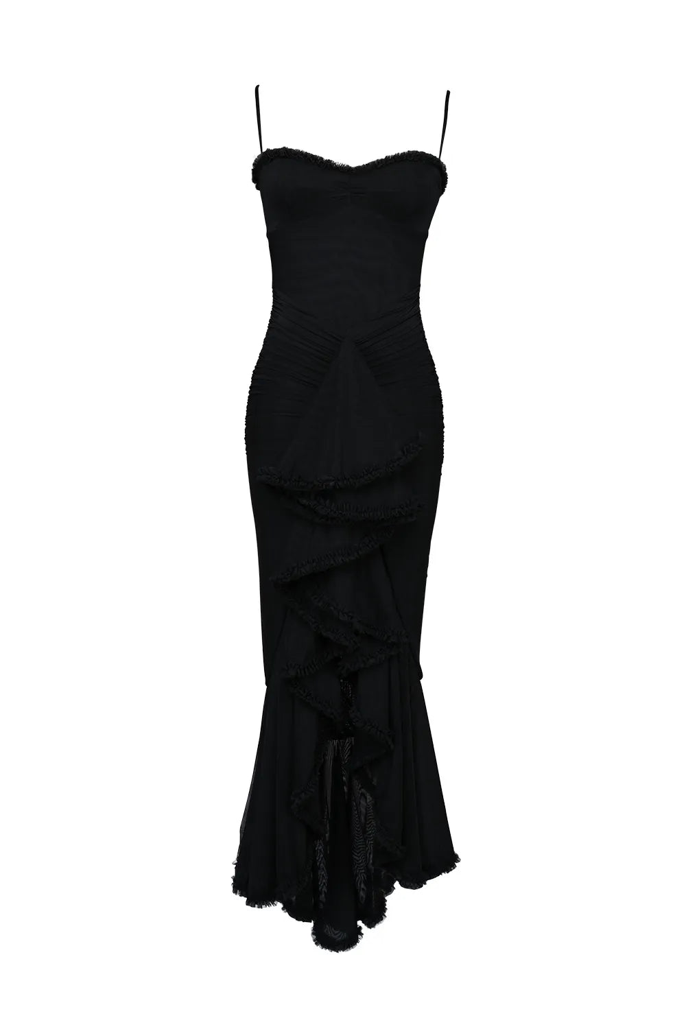 Gabbi Black Mesh Ruffled Front Gown