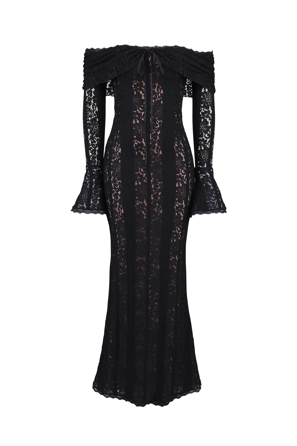 Belle Black Off Shoulder Floral Lace Maxi Dress