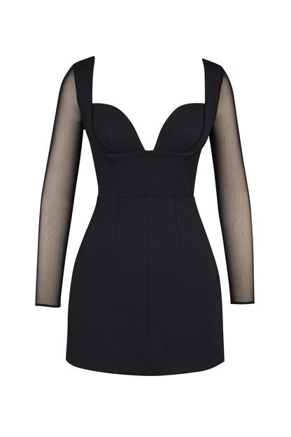 Angelie Black Stretch Crepe Plunge Mini Dress