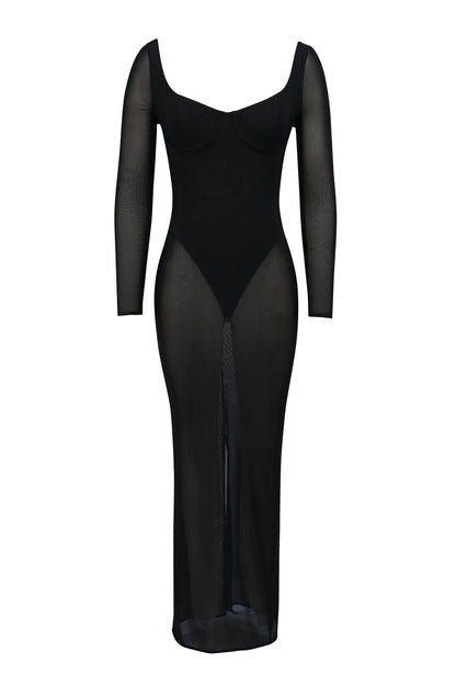 Everly Black Mesh Maxi Dress with Bodysuit