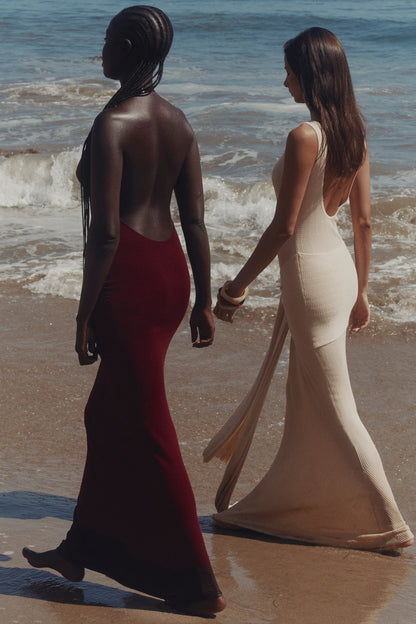 Thalina Wine Draped Halter Neck Maxi Dress