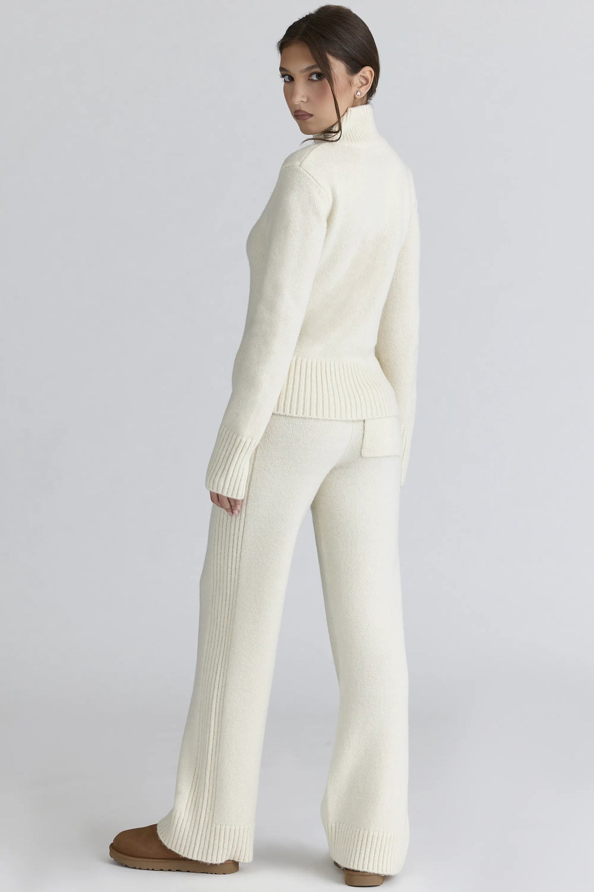 Lara Ivory Merino Wool Ribbed Knit Trousers