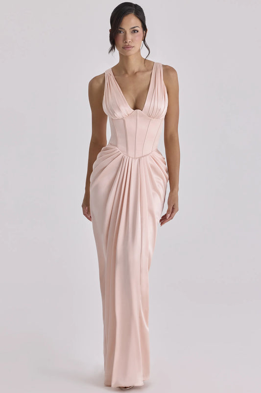 Angeline Blush Satin Corset Maxi Dress - Limited Edition