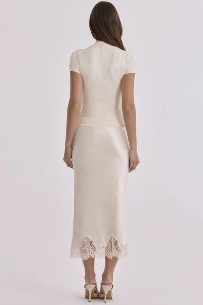 Ciara Vintage Ivory Satin + Lace Midi Skirt