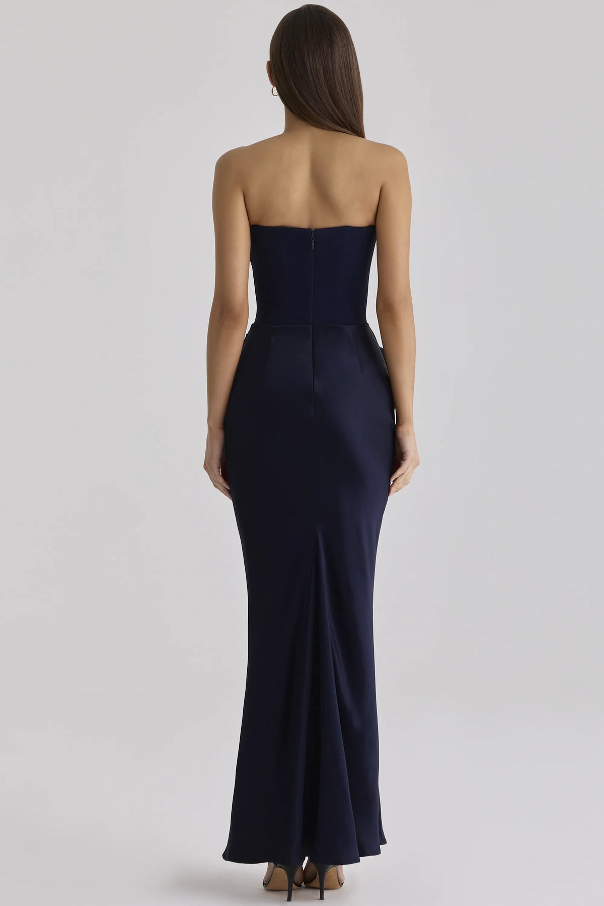 Persephone Navy Satin + Crepe Strapless Corset Maxi Dress