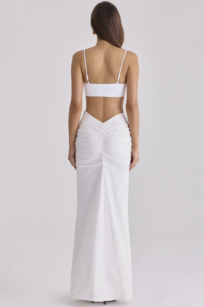 Lyra White Cotton V Back Draped Maxi Skirt