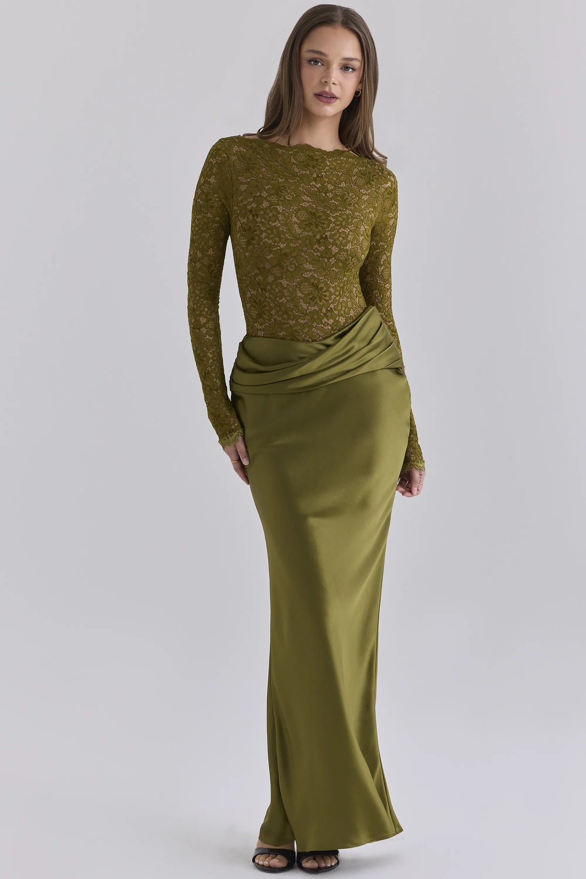 Yasmeen Olive Lace + Satin Long Sleeved Maxi Dress