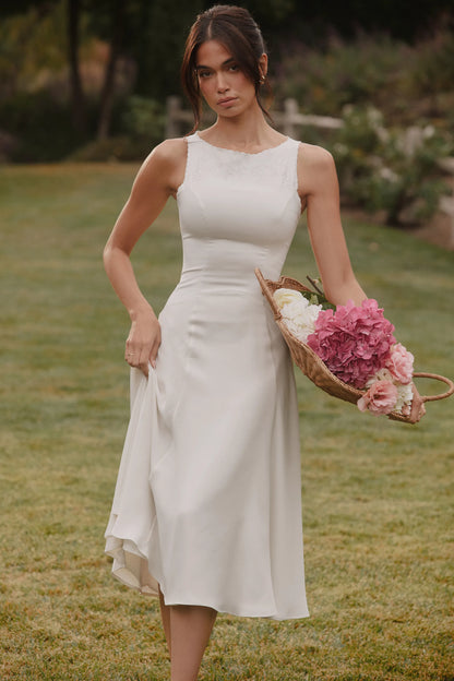 Alyssia White Satin Hand Embroidered Midi Dress