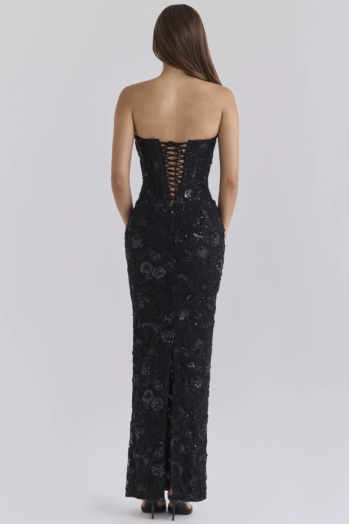 Anisa Black Hand Beaded Embellished Strapless Maxi Dress